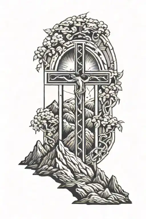 a window with the mountain of Jesus and his cross tattoo design idea