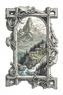 Cross standing on a mountain that you can see trough a window. Let the mountain spilll from the window tattoo design idea