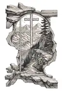 Cross standing on a mountain that you can see trough a window. Let the mountain spilll from the window tattoo design idea