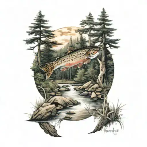 trout stream running through thick wooded forest scene tattoo design idea