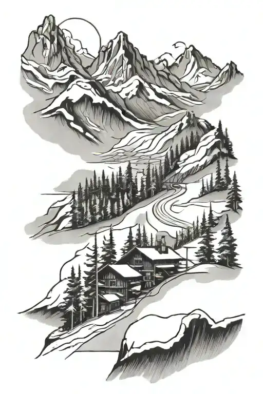 ski resort and mountains  tattoo design idea