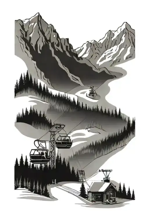 ski resort and mountains with skiiers and ski lift  tattoo design idea