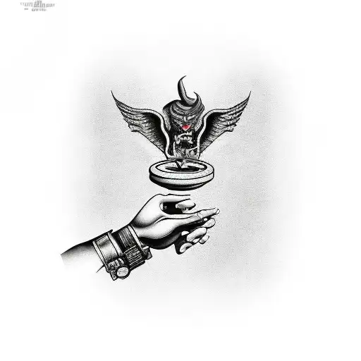 A detailed black and grey tattoo of a mechanic's hand holding a scale with a devil on one side and an angel on the other, symbolizing the constant moral choices faced in the automotive industry tattoo design idea