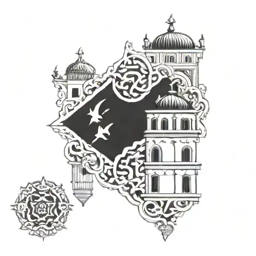 Bosnian flag intertwined with traditional Bosnian architecture tattoo design idea