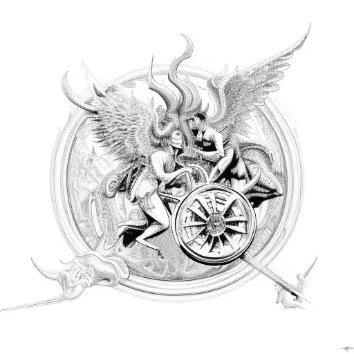 An intricate design of a devil and angel fighting over a steering wheel, symbolizing the battle between good and evil in the automotive industry tattoo design idea