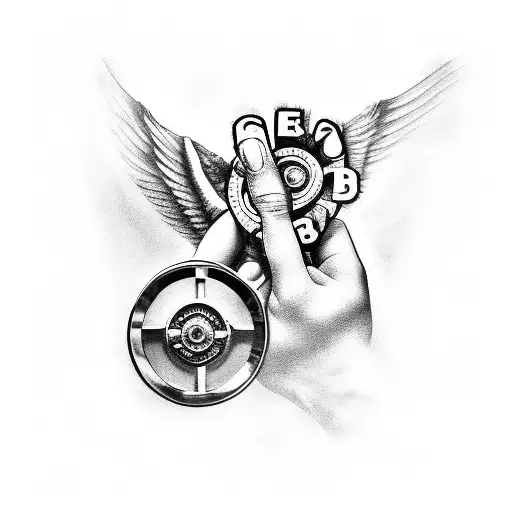 A detailed black and grey tattoo of a mechanic's hand holding a scale with a devil on one side and an angel on the other, symbolizing the constant moral choices faced in the automotive industry tattoo design idea