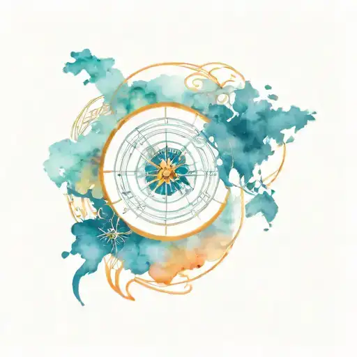 A time turner intertwined with a world map, symbolizing travel around the world with a phoenix tattoo design idea