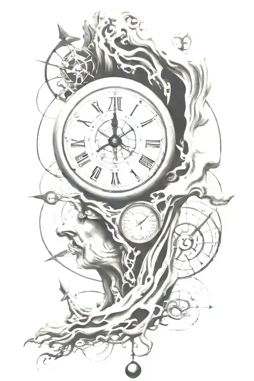 surrealism dali clock with compass tattoo design idea
