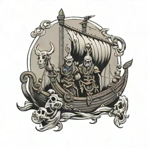viking long ship with cowboy skeleton crew tattoo design idea