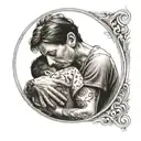 A tattoo design featuring a mother embracing her teenage son, symbolizing the bond between them despite the painful divorce and a new beginning in life tattoo design idea