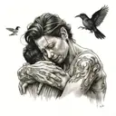 A tattoo design featuring a mother embracing her teenage son, symbolizing the bond between them despite the painful divorce and a new beginning in life tattoo design idea