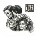 A tattoo design featuring a mother embracing her teenage son, symbolizing the bond between them despite the painful divorce and a new beginning in life tattoo design idea