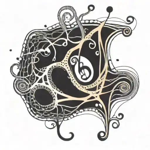 Psychedelic music notes intertwined with brain neurons tattoo design idea