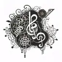 Psychedelic music notes intertwined with brain neurons tattoo design idea
