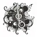 Psychedelic music notes intertwined with brain neurons tattoo design idea