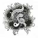 Psychedelic music notes intertwined with brain neurons tattoo design idea