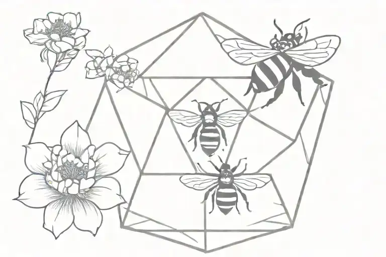 bees and icosahedron with flowers on forearm. tattoo design idea