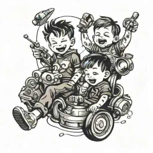A tattoo design featuring two stylized twin boys playing with their favorite toys, symbolizing the joy of fatherhood tattoo design idea