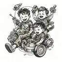 A tattoo design featuring two stylized twin boys playing with their favorite toys, symbolizing the joy of fatherhood tattoo design idea