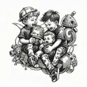 A tattoo design featuring two stylized twin boys playing with their favorite toys, symbolizing the joy of fatherhood tattoo design idea