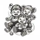 A tattoo design featuring two stylized twin boys playing with their favorite toys, symbolizing the joy of fatherhood tattoo design idea