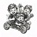 A tattoo design featuring two stylized twin boys playing with their favorite toys, symbolizing the joy of fatherhood tattoo design idea