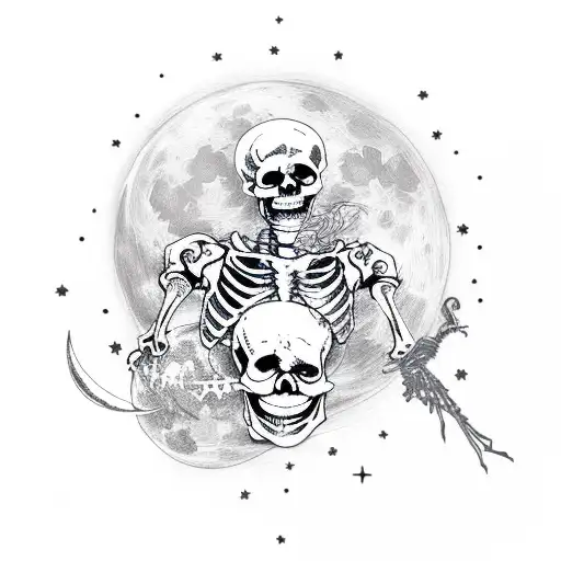 skeletons with fire and the moon and stars tattoo design idea