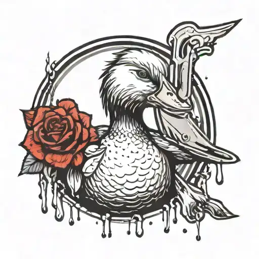 A duck is holding a knife in her hand, blood is dripping from the knife. everything is black and white, blood is red tattoo design idea