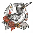 A duck is holding a knife in her hand, blood is dripping from the knife. everything is black and white, blood is red tattoo design idea