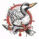 A duck is holding a knife in her hand, blood is dripping from the knife. everything is black and white, blood is red tattoo design idea