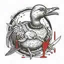 A duck is holding a knife in her hand, blood is dripping from the knife. everything is black and white, blood is red tattoo design idea