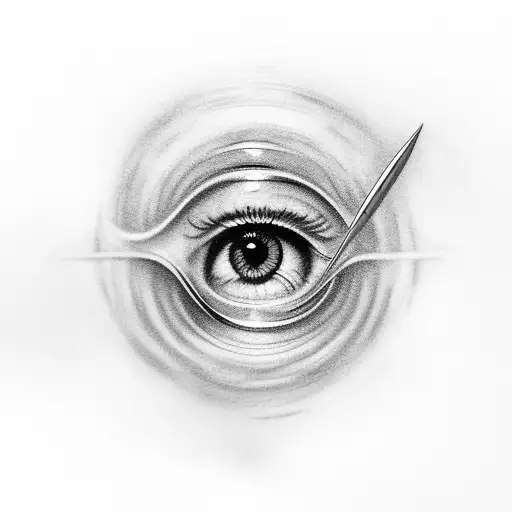 "A realistic tattoo design of an eye under tension being pierced by a sharp needle." tattoo design idea