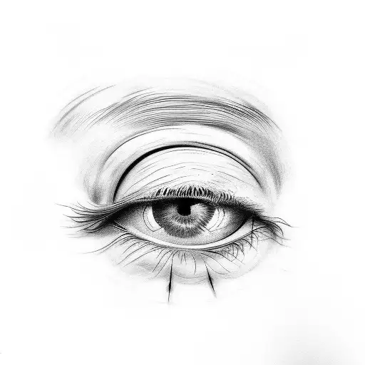"A detailed tattoo sketch showcasing a hyper-realistic human eye. The eye exhibits stress and strain, highlighted by the tattoo design idea