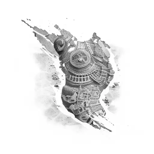 black and gray sleeve with parts of patritotic United States, Japan, and Rome tattoo design idea