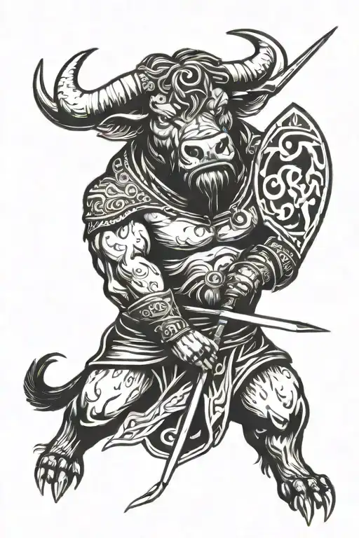 A fierce-looking bull with a mane wearing a black and white shield holding a spear tattoo design idea