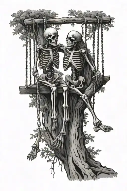 skeletons holding hands on swing set of tree tattoo design idea
