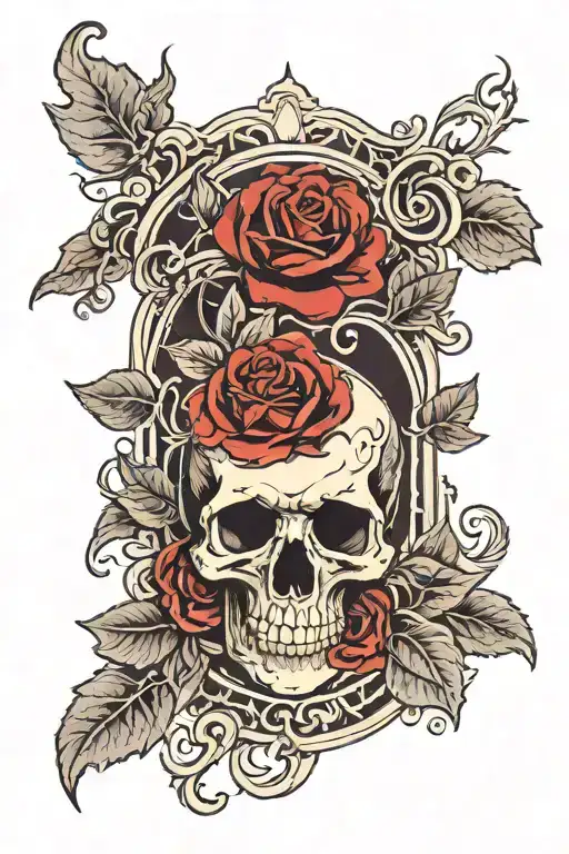 skull and roses, dark, red, gothic, shading tattoo design idea
