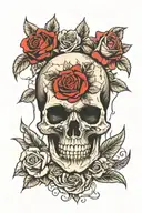 skull and roses, dark, red, gothic, shading tattoo design idea