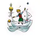 draw a forearm tattoo for a man with scenes from "the little prince" & "peter pan" and "alice in the underworld". tattoo design idea