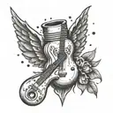A tooth with wings and a guitar body, symbolizing the client's occupation as a dentist and passion for music tattoo design idea