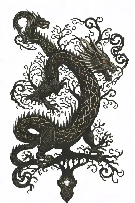 welsh dragon climbing up tree of life tree tattoo design idea