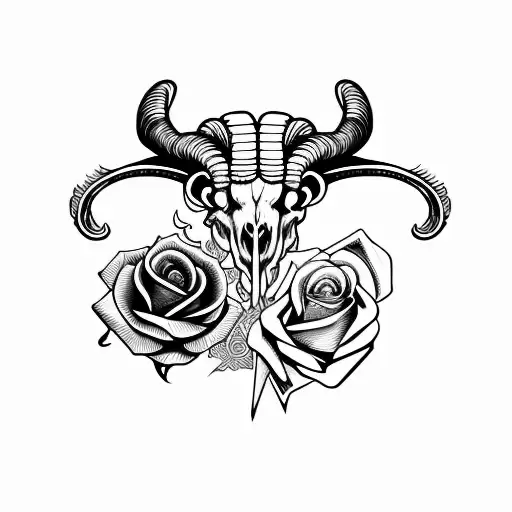 ram skull with sword and rose tattoo design idea