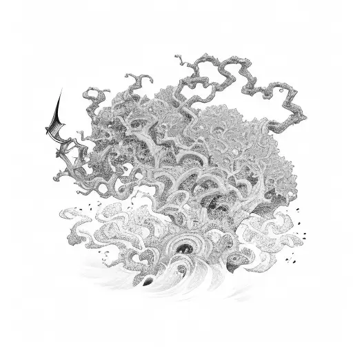 An intricate black and grey illustration of Tanjiro wielding his sword amidst a swirling cherry blossom storm tattoo design idea