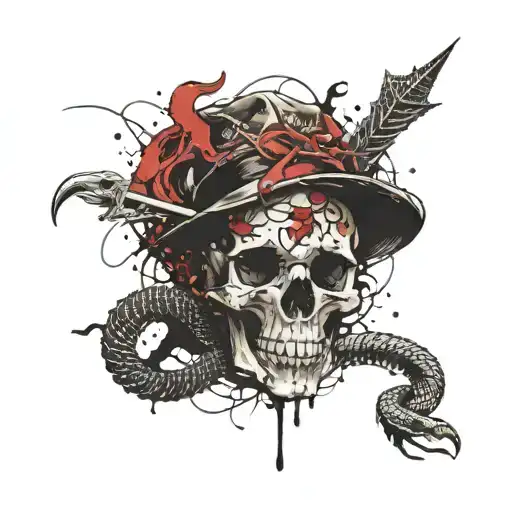 snake eating rat with dagger and skulls tattoo design idea