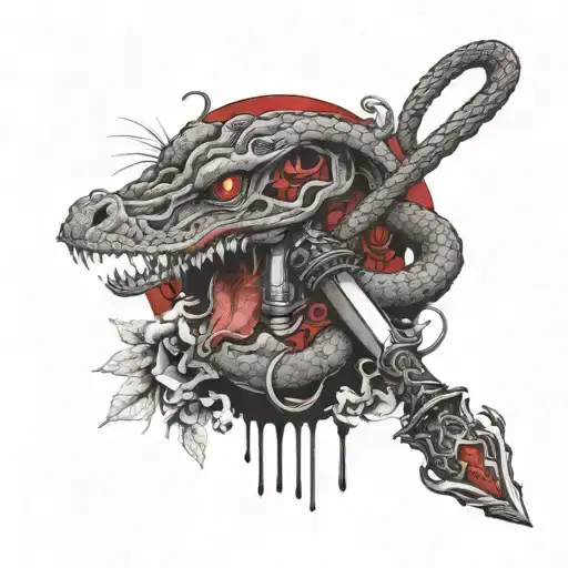 snake eating rat with dagger and skulls tattoo design idea