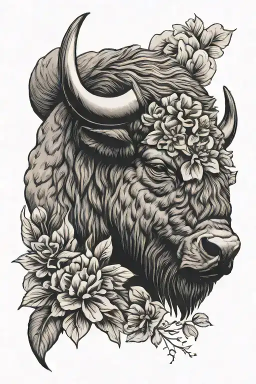 buffalo head with flowers sleeve  tattoo design idea