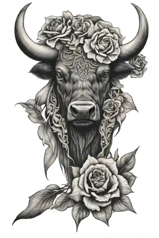 wrapping flowers with abstract buffalo head tattoo design idea