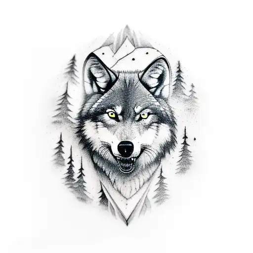 a black and white arm tattoo with a Wolf howling from a rock to the full mon in a forest an a Vegvísir tattoo design idea