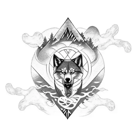 a black and white arm tattoo with a Wolf howling from a rock to the full mon in a forest an a Vegvísir tattoo design idea