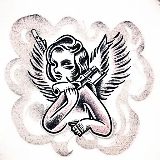 angel with ak47 tattoo design idea